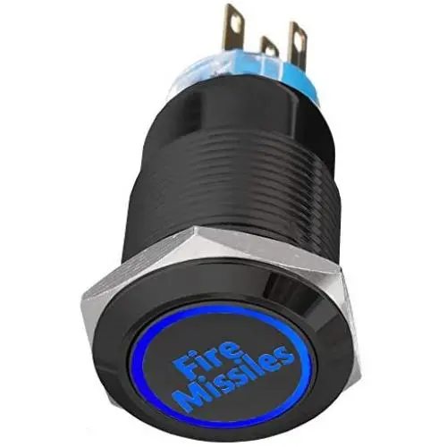 ESUPPORT Black Shell 12V Momentary Car Vehicle Blue LED Light Headlight Push Button Stainless Steel Metal Switch 19mm Fire Missiles