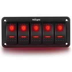 Nilight 5 Gang Rocker Switch Panel 5Pin On Off Toggle Switch Aluminum Holder 12V 24V Dash Pre-Wired Red Backlit Switches for Automotive Cars Marine Boats RVs Truck, 2 Years Warranty