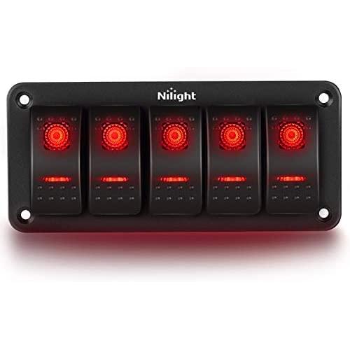 Nilight 5 Gang Rocker Switch Panel 5Pin On Off Toggle Switch Aluminum Holder 12V 24V Dash Pre-Wired Red Backlit Switches for Automotive Cars Marine Boats RVs Truck, 2 Years Warranty