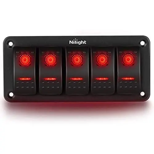 Nilight 5 Gang Rocker Switch Panel 5Pin On Off Toggle Switch Aluminum Holder 12V 24V Dash Pre-Wired Red Backlit Switches for Automotive Cars Marine Boats RVs Truck, 2 Years Warranty Nilight 5 Gang Rocker Switch Panel 5Pin On Off Toggle Switch Aluminum Holder 12V 24V Dash Pre-Wired Red Backlit Switches for Automotive Cars Marine Boats RVs Truck, 2 Years Warranty