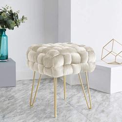 Ornavo Home Mirage Modern Contemporary Square Woven Upholstered Velvet Ottoman with Gold Metal Legs - Cream