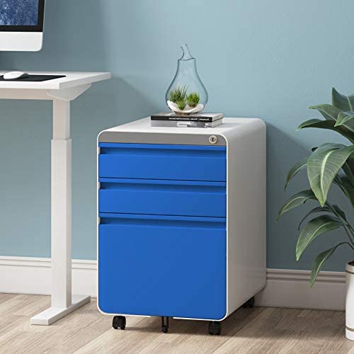 Dprodo 3 Drawers Mobile File Cabinet with Lock, Metal Filing Cabinet for Legal & Letter Size, Locking File Cabinet for Home & Office Full-Extension Drawers, Blue