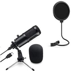 USB Microphone for Computer, JEEMAK Metal Condenser PC Microphone for Laptop and Microphone Pop Filter, Swivel Double Layer Sound Shield Guard for Blue Yeti and Any Other Mic
