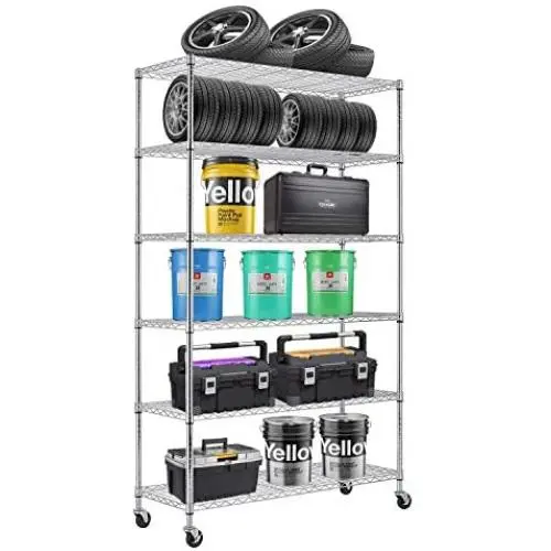 6 Tier Wire Shelving Rack,Steel Shelf 48'' W x 18'' D x 82'' H Adjustable Storage System with Casters/Wheels and Feet Levelers,Garage Shelving Unit, Storage Shelving Rack,Kitchen/Office Rack (Chrome)