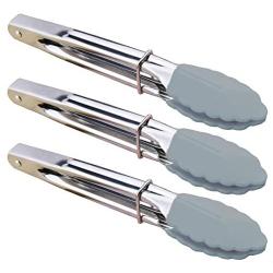 HINMAY Silicone Utility Tong Kitchen Tongs 7 Inch Metal Salad Tongs, Set of 3 (Gray)