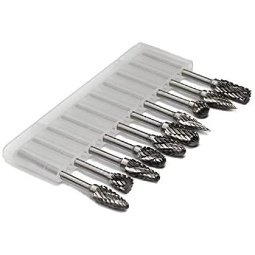 YUFUTOL Carbide Burr Set - 10pcs Double Cut Solid Carbide Rotary Burrs 3mm(0.118) Shank Fits Die Grinder Drill for Woodworking,drilling Metal Carving Engraving Polishing