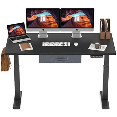 FEZIBO Electric Height Adjustable Standing Desk with Drawer, 55 x 24 Inches with Splice Board, Black Frame/Black Top