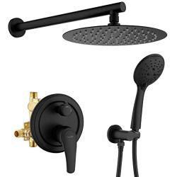 SHAMANDA Shower System, Shower Faucets Sets Complete with High Pressure 10'' Rain Shower Head and 5-Setting Handheld Shower Head(Round-In Valve and Trim Included) Wall Mounted, Matte Black, L02-7