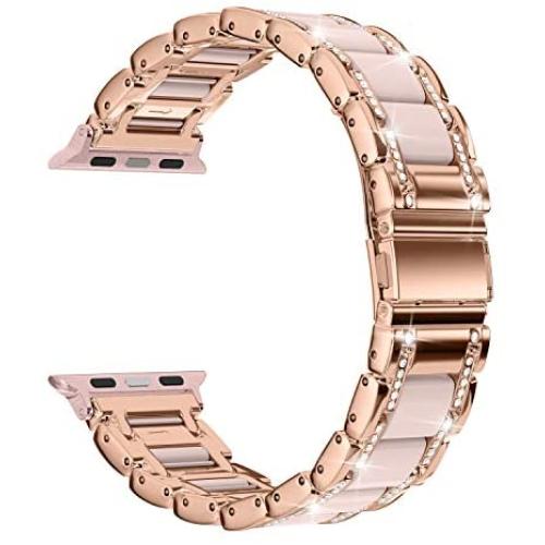 Moolia Metal Strap Band Compatible with Apple Watch Band 38mm 40mm Womens Rhinestones Resin Metal Wristband Bracelet Replacement for iWatch Series 6 5 4 3 2 1 Rose Gold + Pink