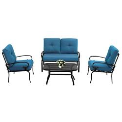 Oakmont Outdoor Furniture Patio Conversation Set Loveseat, 2 Chairs, Coffee Table with Cushion, Lawn Front Porch Garden, Metal Chair Set Wrought Iron Look (Peacock Blue)