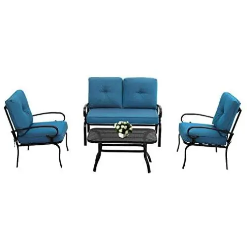 Oakmont Outdoor Furniture Patio Conversation Set Loveseat, 2 Chairs, Coffee Table with Cushion, Lawn Front Porch Garden, Metal Chair Set Wrought Iron Look (Peacock Blue)