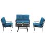 Oakmont Outdoor Furniture Patio Conversation Set Loveseat, 2 Chairs, Coffee Table with Cushion, Lawn Front Porch Garden, Metal Chair Set Wrought Iron Look (Peacock Blue)
