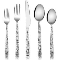 Hammered Silverware Set, E-far 40-Piece Stainless Steel Square Flatware Set for 8, Metal Tableware Cutlery Set Includes Dinner Knives/Forks/Spoons, Modern Design & Mirror Polished - Dishwasher Safe