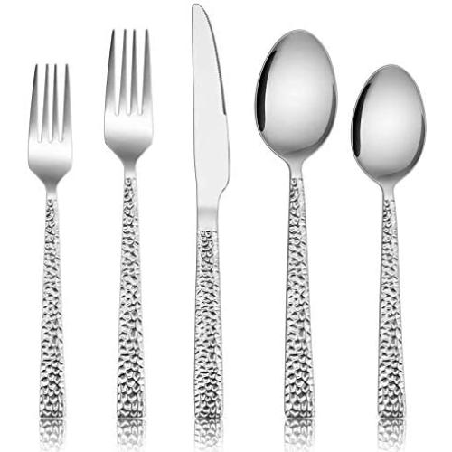 Hammered Silverware Set, E-far 40-Piece Stainless Steel Square Flatware Set for 8, Metal Tableware Cutlery Set Includes Dinner Knives/Forks/Spoons, Modern Design & Mirror Polished - Dishwasher Safe