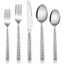 Hammered Silverware Set, E-far 40-Piece Stainless Steel Square Flatware Set for 8, Metal Tableware Cutlery Set Includes Dinner Knives/Forks/Spoons, Modern Design & Mirror Polished - Dishwasher Safe