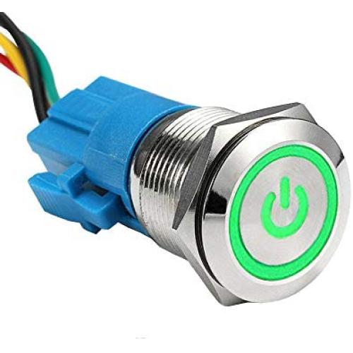 ESUPPORT Stainless Steel 19mm 12V 5A Power Symbol Angel Eye Halo Car Green LED Light Metal Push Button Toggle Switch Socket Plug Wire Waterproof