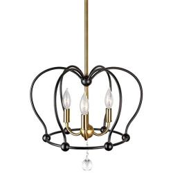 Kira Home Reyna 16'' 3-Light Modern Foyer Pendant Light Chandelier with Glass Crystal, Adjustable Height, Warm Brass Accents + Black Finish