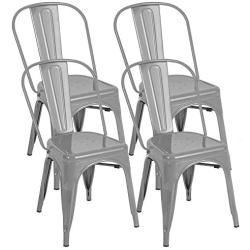 BONZY HOME Metal Dining Chairs, Stackable Side Chairs with Back, Indoor Outdoor Use Chair for Farmhouse, Patio, Restaurant, Kitchen, Set of 4 (Silver)