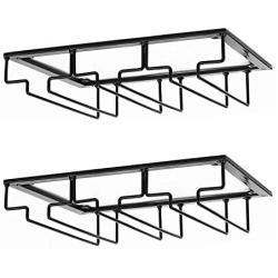 DEFWAY Wine Glass Rack - 2 Pack Under Cabinet Stemware Wine Glass Holder Glasses Storage Hanger Metal Organizer for Bar Kitchen Black