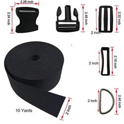 Vtete 2 Inch 10 Yards Black Nylon Heavy Webbing Strap + 10 PCS 2'' Flat Side Release Buckles, D Rings and Tri-Glide Slides - Plastic Buckles Kit for DIY Pet Collar, Luggage Straps & Backpack Repairin