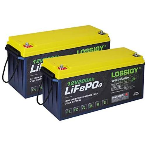 2Pack 12V200Ah LiFePO4 Deep Cycle Lithium Iron Phosphate RV Rechargeable Battery Built-in100A BMS 2560Wh 2000~5000 cycles Low Self-Discharge Safer Widely Used In Solar/Wind Marine Camper Outdoor