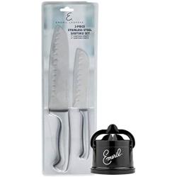 Emeril Lagasse 2-Piece Stainless Steel Santoku Knife Set (Small Handles) - 7” Santoku Knife & 5” Santoku Knife + Tungsten Carbide Countertop Sharpener (Black) - Slice Effortlessly through Fruit & Meat