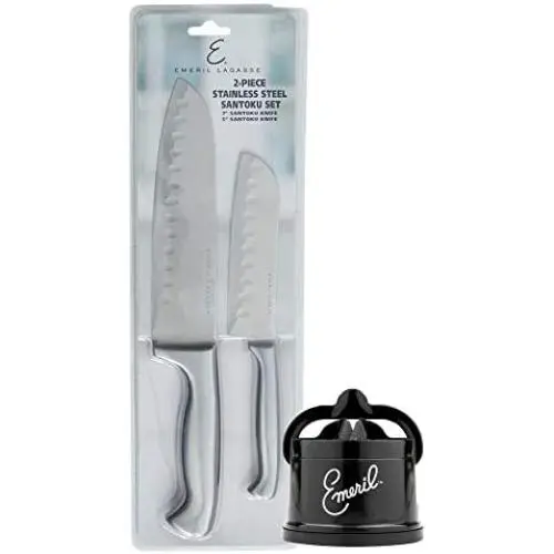 Emeril Lagasse 2-Piece Stainless Steel Santoku Knife Set (Small Handles) - 7” Santoku Knife & 5” Santoku Knife + Tungsten Carbide Countertop Sharpener (Black) - Slice Effortlessly through Fruit & Meat Emeril Lagasse 2-Piece Stainless Steel Santoku Knife Set (Small Handles) - 7” Santoku Knife & 5” Santoku Knife + Tungsten Carbide Countertop Sharpener (Black) - Slice Effortlessly through Fruit & Meat