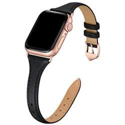 WFEAGL Leather Bands Compatible with Apple Watch 38mm 40mm 42mm 44mm, Top Grain Leather Band Slim & Thin Replacement Wristband for iWatch SE & Series 6/5/4/3/2/1 (Black/RoseGold, 38mm 40mm )