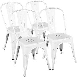 Yaheetech Metal Dining Chairs Indoor/Outdoor Coffee Kitchen Chairs Stackable Chic Dining Bistro Cafe Side Chairs Set of 4, Distressed White