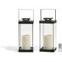Large Glass Flameless Candle Lanterns, 14.5'' Height, Autumn or Fall Decor, Warm White LEDs, Black Metal Finish, Indoor/Outdoor Use, Remote & Batteries Included - Set of 2
