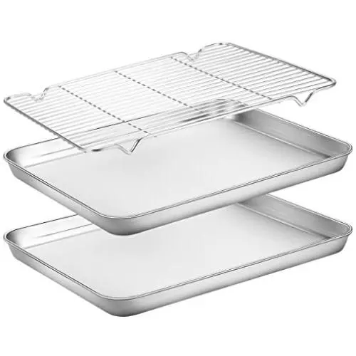 Baking Sheets 2 Pieces with A Rack, HKJ Chef Cookie Sheets and Nonstick Cooling Rack & Stainless Steel Baking Pans & Toaster Oven Tray Pan, Rectangle Size 12.5 x 10 x 1 inch & Non Toxic