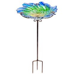 MUMTOP 26 Inch Height Glass Birdbath Birdfeeder with Metal Stake Garden Outdoor Green