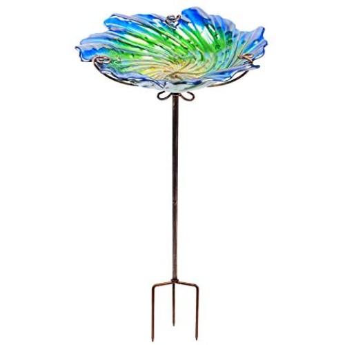 MUMTOP 26 Inch Height Glass Birdbath Birdfeeder with Metal Stake Garden Outdoor Green