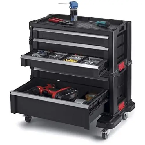 Keter Rolling Tool Chest with Storage Drawers, Locking System and 16 Removable Bins-Perfect Organizer for Automotive Tools for Mechanics and Home Garage