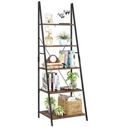 HOMFA Ladder Shelf, 5 Tier Vintage Bookcase, Multifunctional Bookshelf Plant Flower Stand Storage Rack Shelves, Wood Look Accent Metal Frame Modern Furniture Home Office