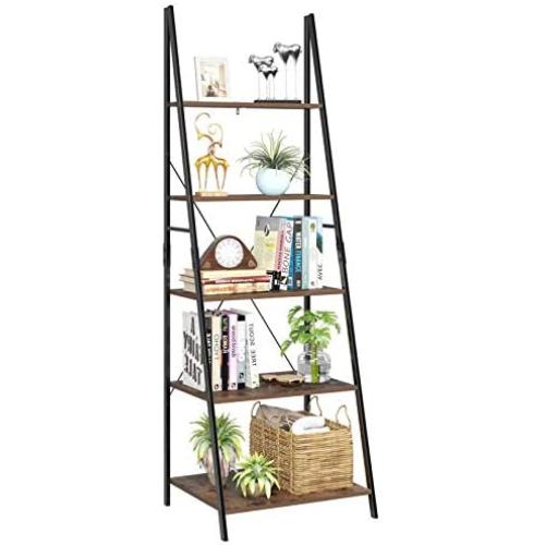 HOMFA Ladder Shelf, 5 Tier Vintage Bookcase, Multifunctional Bookshelf Plant Flower Stand Storage Rack Shelves, Wood Look Accent Metal Frame Modern Furniture Home Office