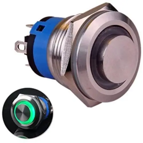 Taien Latching Push Button Switch 19mm 3/4'' 1NO 1NC Silver Stainless Steel Shell with Green LED Light (Green) Taien Latching Push Button Switch 19mm 3/4'' 1NO 1NC Silver Stainless Steel Shell with Green LED Light (Green)