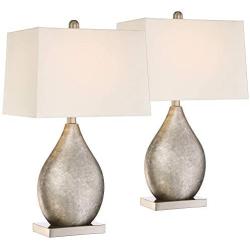 Royce Modern Table Lamps Set of 2 Silver Metal Teardrop Off White Rectangular Shade for Living Room Family Bedroom Bedside - 360 Lighting