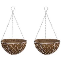 TABOR TOOLS MT2107A 2-Pack Metal Hanging Planter Basket with Natural Coconut Coir Liner, Chain and Hook Included (Hen Mesh 12, White)