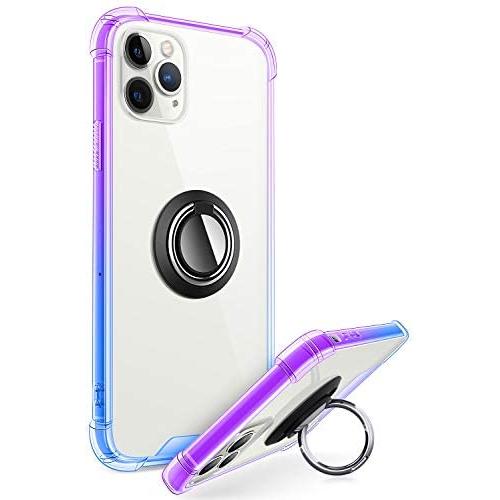ANSIWEE Designed for iPhone 12 Pro 6.1 Inch Case, Metal Ring Stand Work with Magnetic Car Phone Mount Case Drop Protection Colorful Bumper and Clear Hard Back Cases for iPhone 12 5G (Purple Blue)