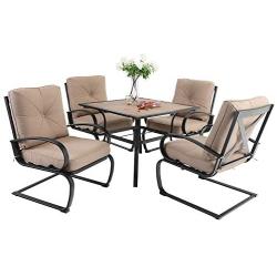 Sophia & William Patio Dining Set 5 Piece Outdoor Table Furniture Set with 4 Metal Spring Motion Dining Chairs and 1 Square Bistro Deck Table with 1.57'' Umbrella Hole & Wood-Like Top, Beige