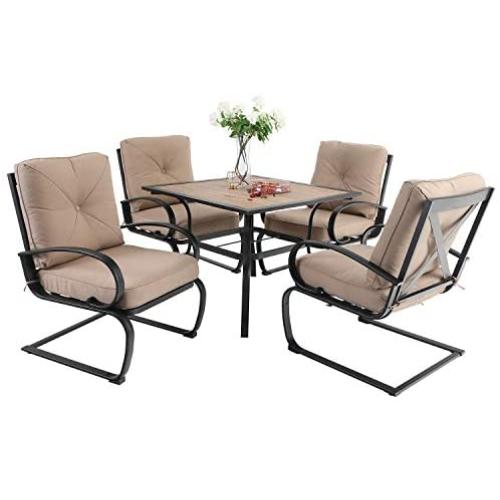 Sophia & William Patio Dining Set 5 Piece Outdoor Table Furniture Set with 4 Metal Spring Motion Dining Chairs and 1 Square Bistro Deck Table with 1.57'' Umbrella Hole & Wood-Like Top, Beige