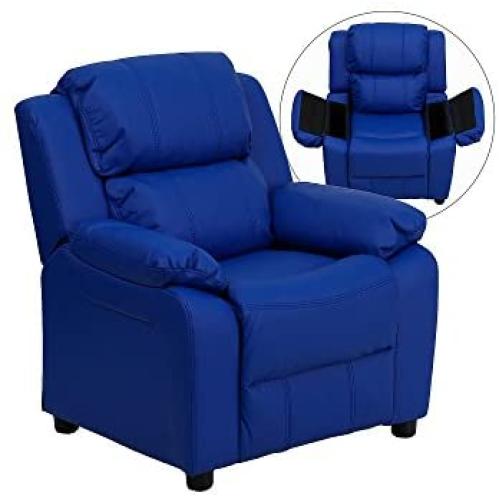 Flash Furniture Deluxe Padded Contemporary Blue Vinyl Kids Recliner with Storage Arms