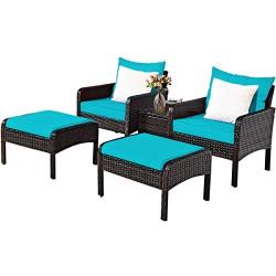 Tangkula Wicker Furniture Set 5 Pieces PE Wicker Rattan Outdoor All Weather Cushioned Sofas and Ottoman Set Lawn Pool Balcony Conversation Set Chat Set (Turquoise)