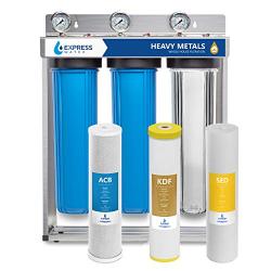 Express Water Heavy Metal Whole House Water Filter – 3 Stage Whole House Water Filtration System – Sediment, KDF, Carbon Filters – Includes Pressure Gauges, Easy Release, and 1” Inch Connections