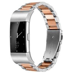 Fitbit Charge 2 Wrist Band,Shangpule Stainless Steel Metal Replacement Smart Watch Band Bracelet with Double Button Folding Clasp for Fitbit Charge 2 (Silver + Rose Gold)