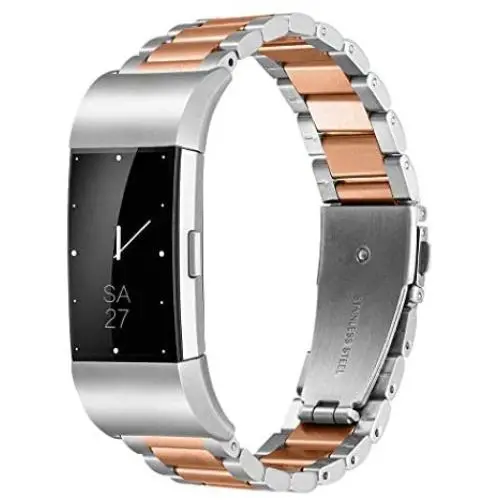 Fitbit Charge 2 Wrist Band,Shangpule Stainless Steel Metal Replacement Smart Watch Band Bracelet with Double Button Folding Clasp for Fitbit Charge 2 (Silver + Rose Gold) Fitbit Charge 2 Wrist Band,Shangpule Stainless Steel Metal Replacement Smart Watch Band Bracelet with Double Button Folding Clasp for Fitbit Charge 2 (Silver + Rose Gold)