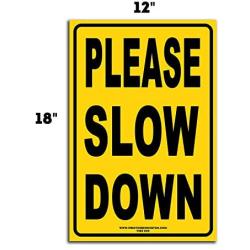 Bundle of (4) Please Slow Down 12'' x 18'' Yellow Safety Sign + Metal Ground Stakes