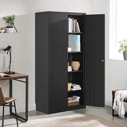 SONGMICS Steel Storage Cabinet, Office Cabinet with Storage Shelves and Double Doors, for Garage and Utility Room, Home Office, Black UOMC015B01