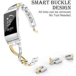 Wearlizer Compatible with Fitbit Charge 3 / Charge 4 Bands for Women Metal Replacement Charge 3 hr Band Strap with Bling Rhinestone Bracelet Bangle for Fitbit Charge 4 Special Edition - Gold+Silver